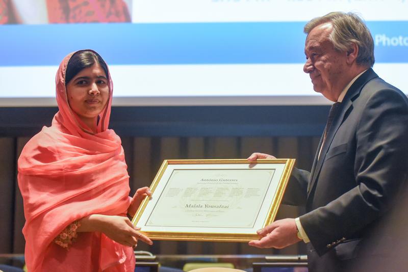 Malala Yousafzai attends a ceremony with United Nations Secretary General Antonio Guterres after being selected a United Nations messenger of peace in New York, NY, April 10, 2017. 