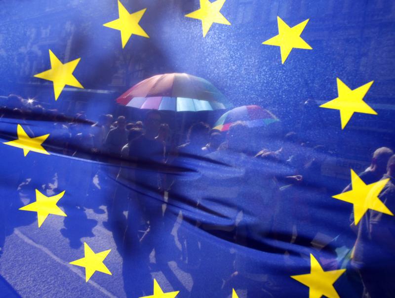 People walk behind the European Union's flag during the annual gay parade in Budapest July 5, 2008.
