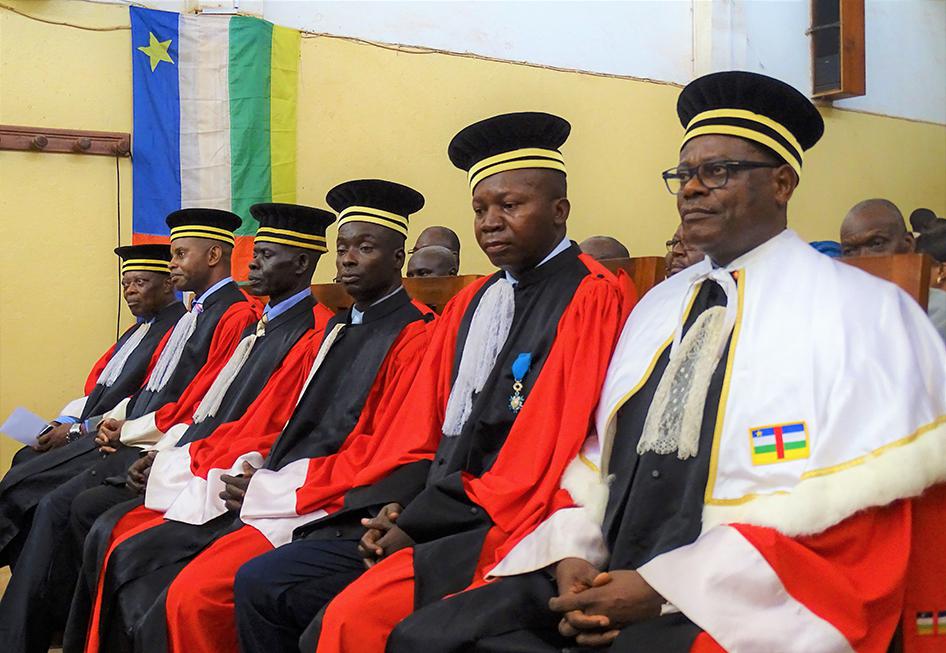 Congolese Special Prosecutor Toussaint Muntazini (R) and the five other judges of the Special Criminal Court (SCC)