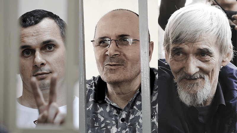 (From L-R) Oleg Sentsov, Oyub Titiev and Yuri Dmitriev are in jail as the FIFA World Cup takes place in Russia.