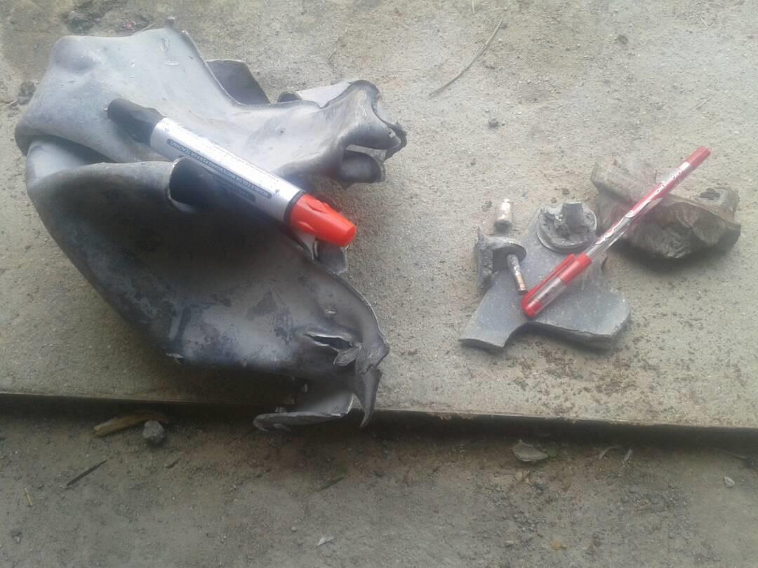 Remnants of a US-made Joint Direct Attack Munition (JDAM) satellite guidance kit, which is fitted to an airdropped bomb prior to use, identified at the site of a wedding bombed by coalition aircraft in Hajjah governorate on April 22, 2018.