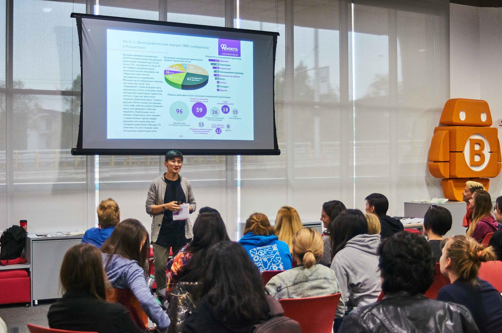 Zhanar Sekerbaeva co-founder of Feminita, a feminist initiative in Almaty, gives a talk on the demographics of lesbian, bisexual, and queer women in Kazakhstan. 