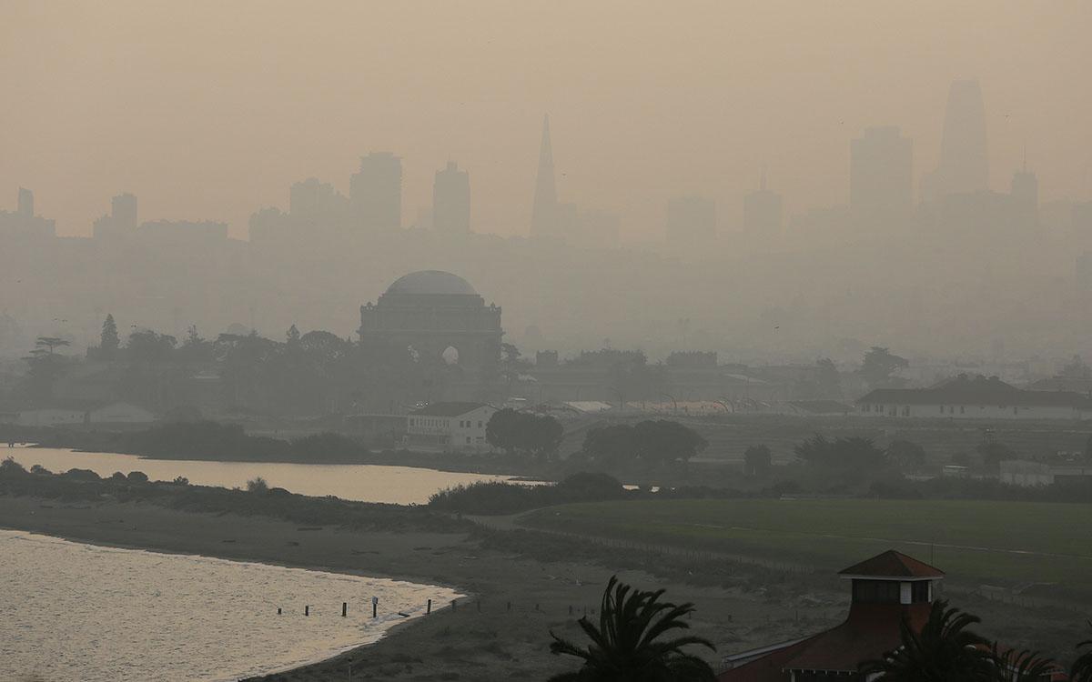 The Palace of Fine Arts in San Francisco, shown obscured in smoke in November 2018, after the disastrous Camp Fire occurred north of Sacramento.