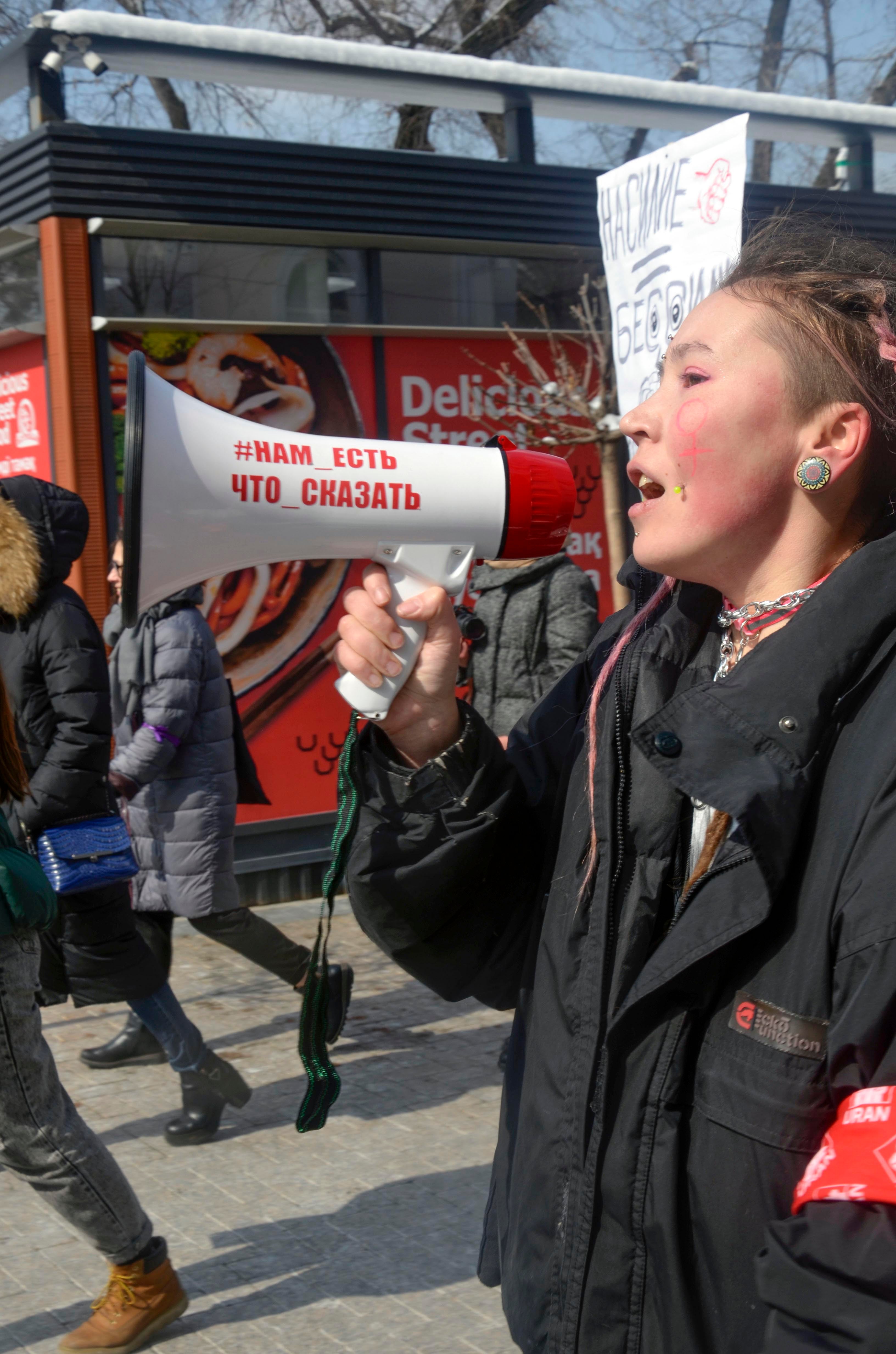 Arina Osinovskaya at the Almaty march during celebration of International Women's Day in Almaty, Kazakhstan, March 8, 2020.