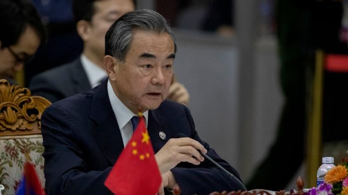 Chinese Foreign Minister Wang Yi speaks during the Special ASEAN-China Foreign Ministers' meeting on the Novel Coronavirus in Vientiane, Laos, February 20, 2020.