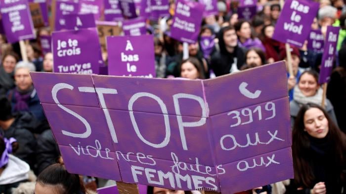 Protestors marching to demand the end of femicide and violence against women in Paris, France, November 23, 2019. 