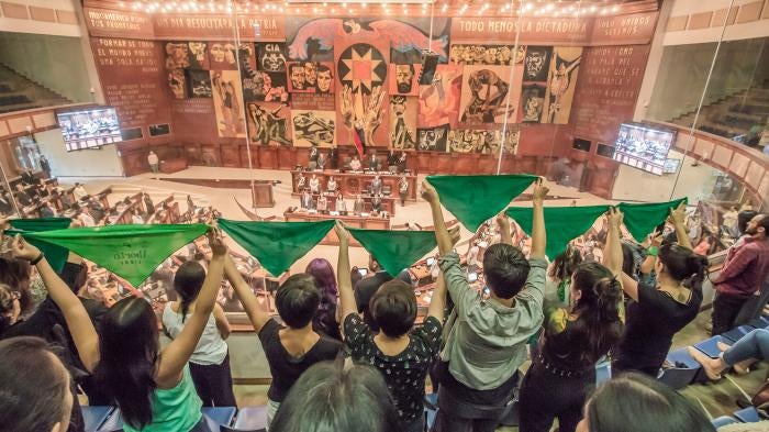 Feminist activists and pro-choice groups witness a debate at Ecuador’s National Assembly on Criminal Code reform, in which there was a possibility that legislators would approve the decriminalization of abortion in cases involving rape, in Quito, Ecuador, on January 3, 2019.