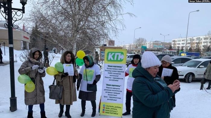 Koshe Party activists handing out information leaflets in Nursultan, Kazakhstan’s capital, before the unregistered group was banned by court order. February 18, 2020.