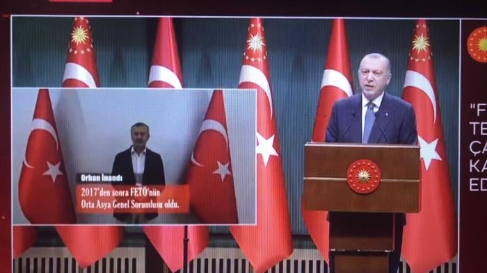 Screenshot of a broadcast on TRT TV on July 5 2021, in which Turkey's President Recep Tayyip Erdoğan announces that the intelligence services have transported Orhan İnandı from Kyrgyzstan to Turkey.