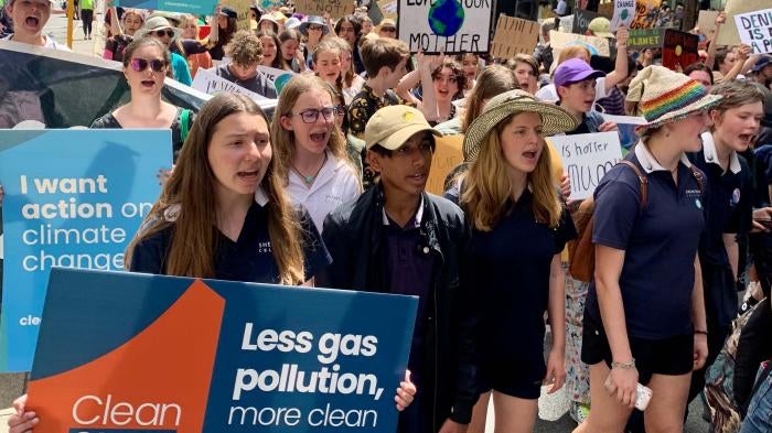 Students call for urgent climate action during the school strike for climate in Perth, Australia.