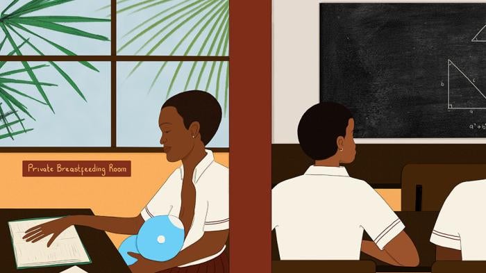 Left: Illustration of young mother studying while breastfeeding. Right: Illustration of the same mother sitting in class.