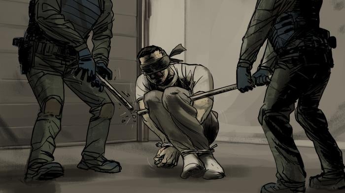 “Boghdan” said soldiers forced him into the “parrot position” at least once. He said that in one instance the metal pipe was unable to carry his weight; when soldiers lifted him up, the pipe bent and broke. 