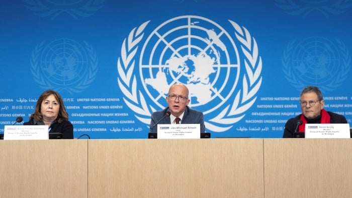 Members of the Group of Human Rights Experts on Nicaragua hold a press conference during the 58th Human Rights Council session at the UN's European headquarters in Geneva, Switzerland, February 26, 2025.