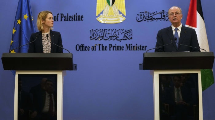 European Union's foreign policy chief Kaja Kallas (L) and Palestinian Prime Minister Mohammad Mustafa at a press conference following their meeting in Ramallah in the occupied West Bank, March 24, 2025.