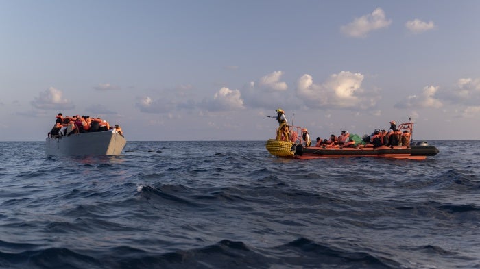 The SOS MEDITERRANEE crew performs a rescue in the central Mediterranean, March 9, 2025. 