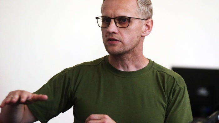 Vitaliy Shabunin during a hearing in his case at the Pecherskyi District Court in Kyiv, Ukraine, on July 15, 2025.