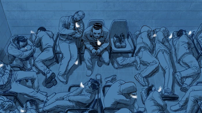 illustration of detainees in a crowded processing room