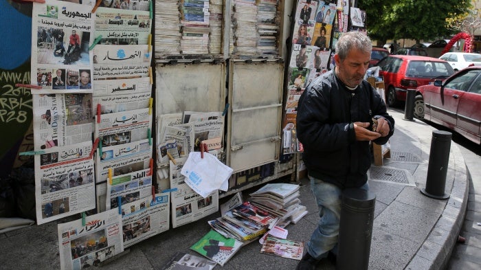 Newspapers displayed at a kiosk in Beirut, Lebanon, March 23, 2016. 