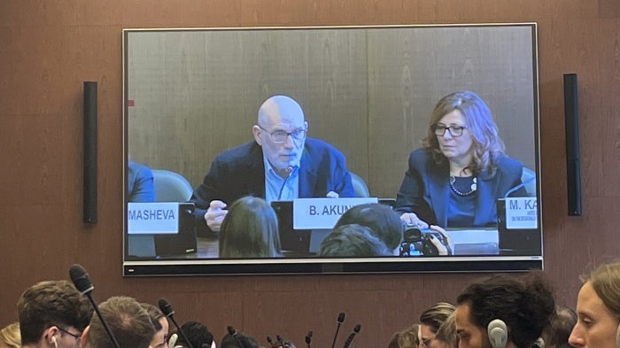 Mariana Katsarova with Russian writer Boris Akunin, one of the critics in exile targeted by the Kremlin, Palais Nation, September 22, 2025.