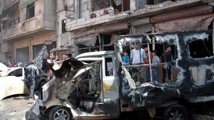 Site of a car bomb explosion in the Abbasiyah neighborhood of Homs, Syria, on April 29, 2014.