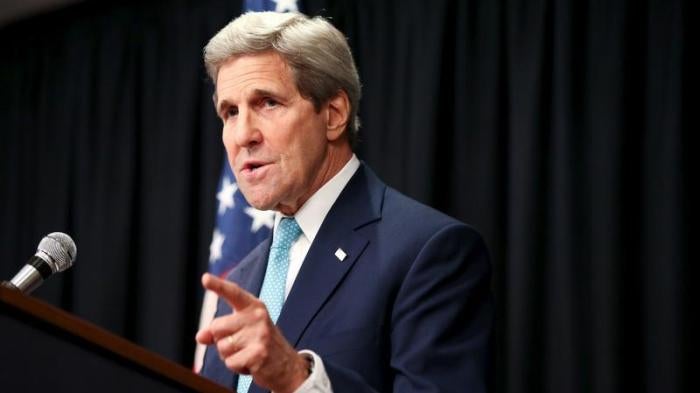 US Secretary of State John Kerry gestures as he speaks at a news conference at the Nairobi Sankara Hotel on May 4, 2015, in Nairobi, Kenya.