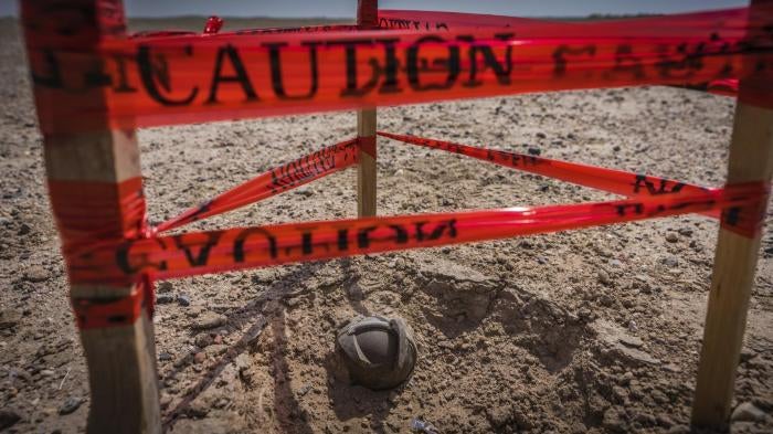 A BLU-61 submunition marked for destruction in-place in the Basra governorate of Iraq, March 2018. 