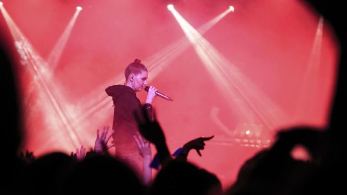 Russian musician Nastya Kreslina, member of electronic duo called IC3PEAK performs during a concert in Yekaterinburg, Russia.