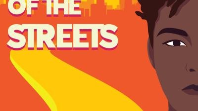 Animation of an African person looking into camera, a street and city are seen in the distance.