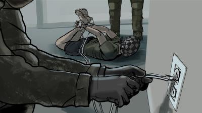 “Oleksandr” described a position he was forced into as the “spider:” soldiers forced him to lie on his chest and tied his hands to his feet behind his back. Then they put electrical pads in his hands and gave him electric shocks. 