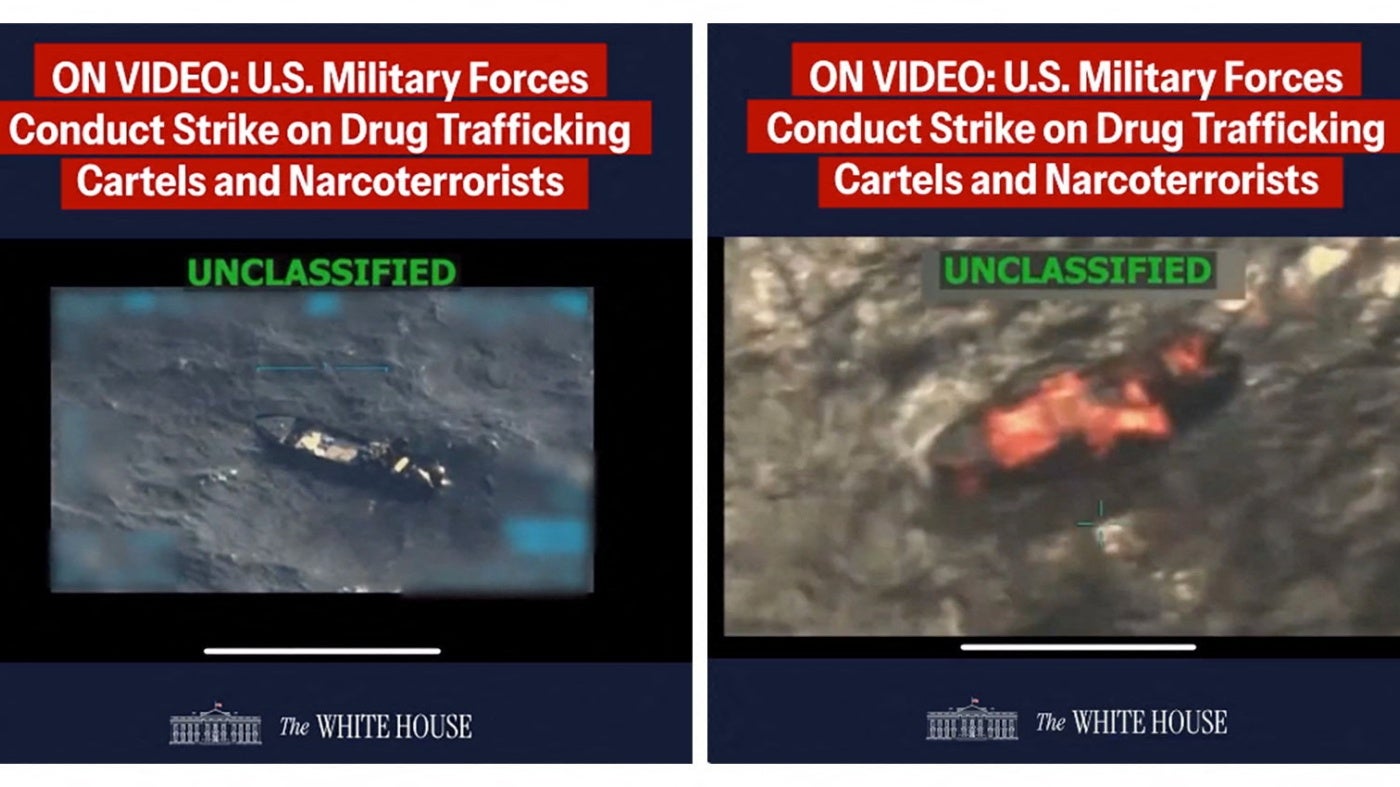A combination image shows two screen captures from a footage posted on the X account of The White House on September 15, 2025, of what US President Donald Trump said was a military strike on a Venezuelan drug cartel vessel, the second such strike carried out against an alleged drug boat in recent weeks. 