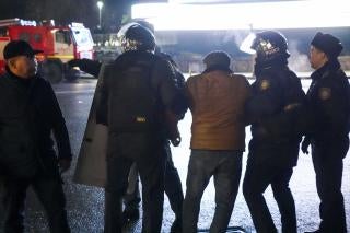 Police detain a protester in the center of Almaty, Kazakhstan, on Wednesday, Jan. 5, 2022.