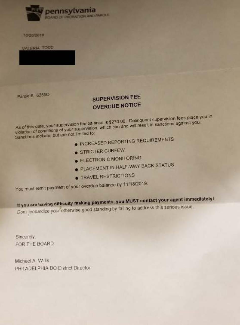 Letter from the Pennsylvania Board of Parole 