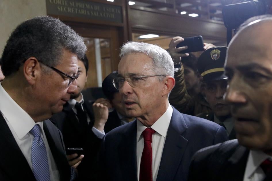 Former Colombian president Álvaro Uribe arrives at the Supreme Court for questioning in a case about his alleged involvement in witness tampering in Bogotá, Colombia, Tuesday, October 8, 2019.