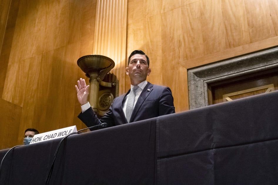 The acting secretary of the US Department of Homeland Security, Chad Wolf, raises his right hand to swear in during a Senate Homeland Security and Governmental Affairs Committee confirmation hearing on September 23, 2020 in Washington, DC.