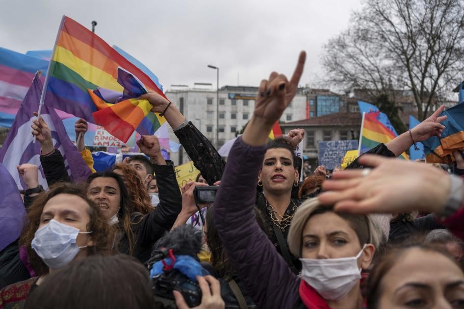 Women and the LGBTQI community celebrate the upcoming International Women's Day in Istanbul, Turkey on March 6, 2021.