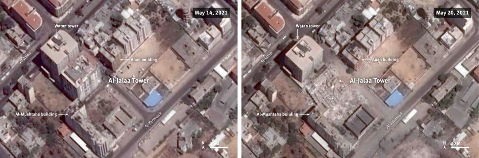 Before and after satellite imagery illustrate the attack and the associated damage to al-Jalaa tower that completely collapsed on May 15, 2021. 