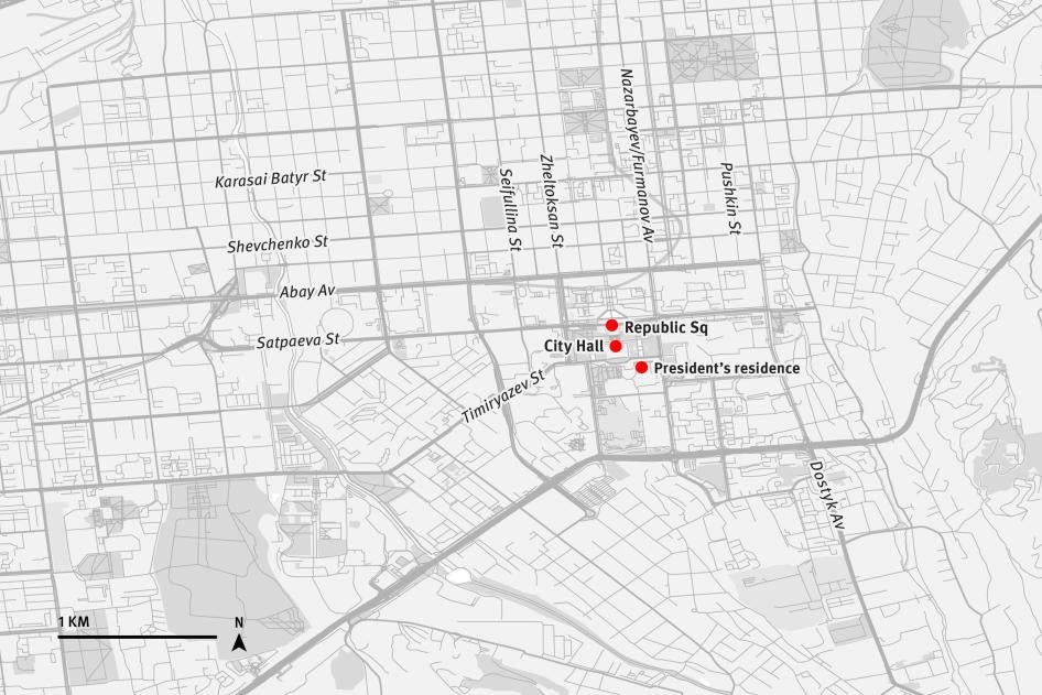 Wider map of central Almaty, Kazakhstan.