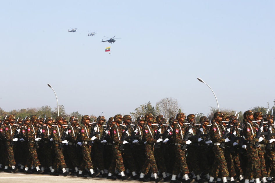 Myanmar armed forces march on the 75th anniversary of Union Day on February 12, 2022 in Naypyidaw, Myanmar. 