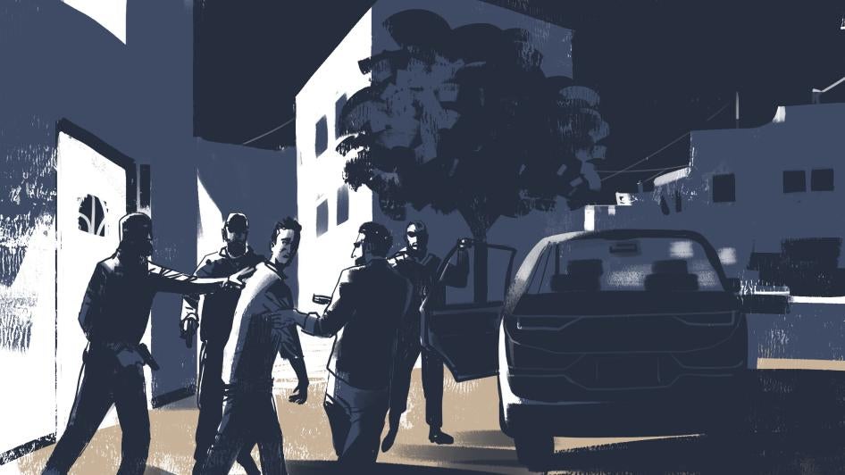 Armed men push a man into a vehicle