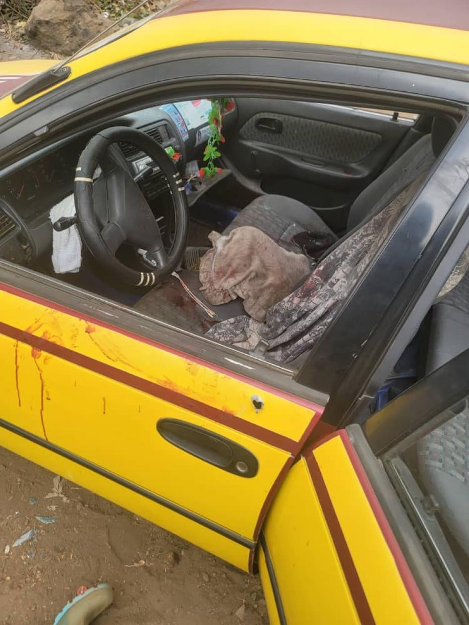 Aftermath of the taxi in which separatist fighters killed the driver and a passenger on January 12, 2022 in Buea, South-West Cameroon.