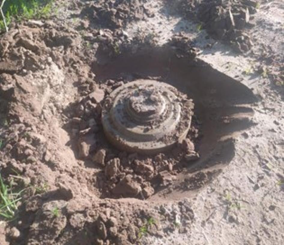 A TM-62M anti-vehicle mine equipped with MVCh-62 pressure activated fuze cleared near Kyivka in Chernihiv region, Ukraine, after a tractor driver was killed by another TM-62 mine in the same field on May 23, 2022. 