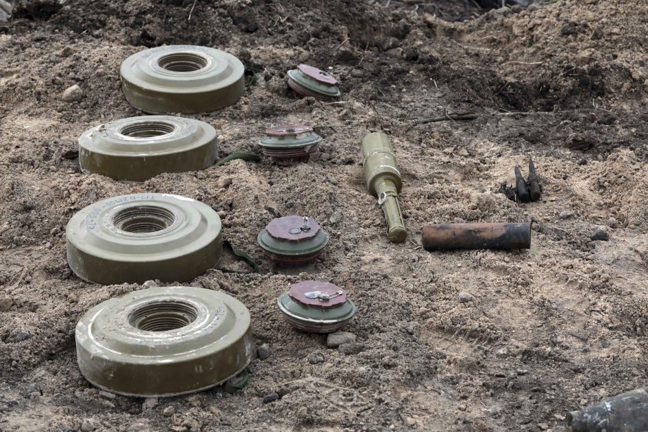 TM-62 anti-vehicle mines found during a mine clearance mission near Bervytsia, a village previously occupied by Russian forces, Kyiv region, Ukraine, April 21, 2022. 