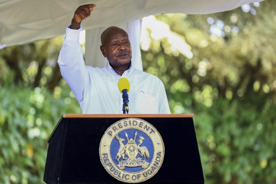 President Yowerei Museveni speaks during a news conference in Entebbe, Uganda.