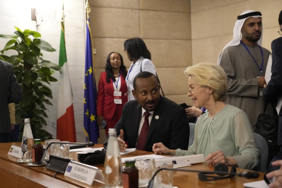 European Commission President Ursula von der Leyen, right, talks with Ethiopian Prime Minister Abiy Ahmed Ali during an international conference on migration in Rome, July 23, 2023.