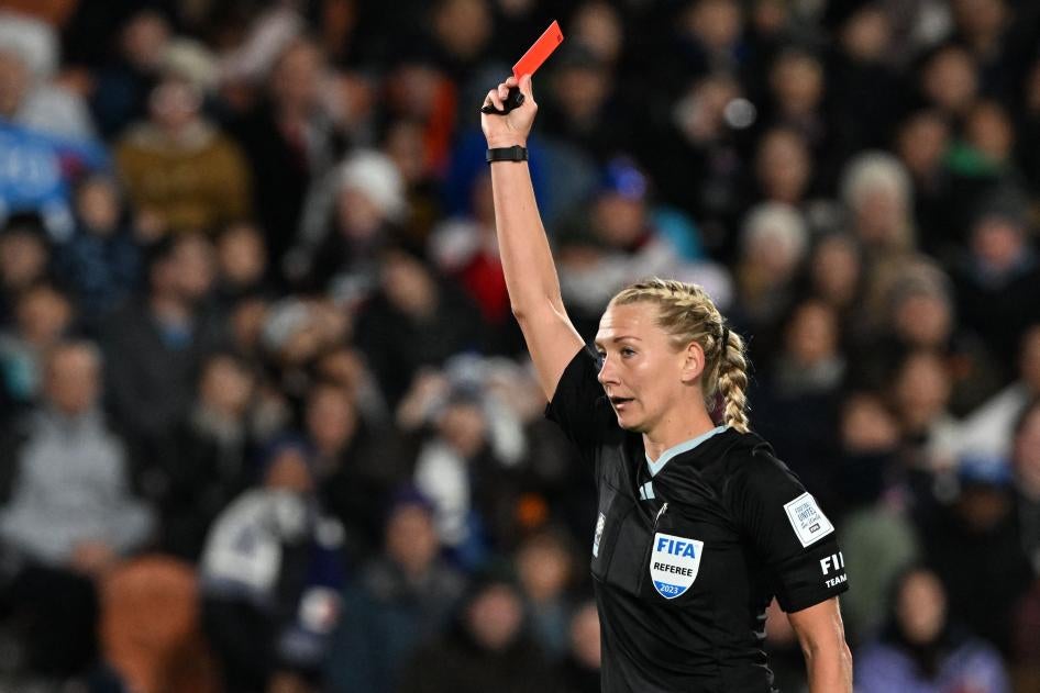 Referee Tess Olofsson of Sweden shows a red card during the Australia and New Zealand 2023 Women's World Cup at Waikato Stadium in Hamilton on July 22, 2023. 