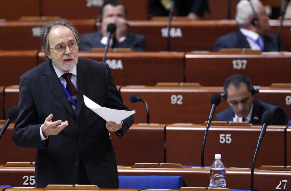 Former Council of Europe investigator Dick Marty delivers a speech at the Parliamentary Assembly of the Council of Europe in Strasbourg, October 6, 2011.