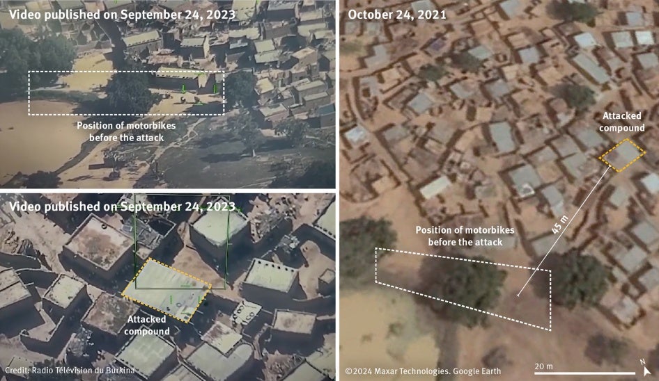 Left, two screenshots taken from a video posted on September 24, 2023 to Radiodiffusion Télévision du Burkina’s YouTube channel. It shows the activities before the strike on the compound. © Radiodiffusion Télévision du Burkina. Right, a satellite image shows the approximate distance between the motorbikes and the compound. Satellite image: © Maxar Technologies. Source Google Earth. Analysis and Graphics © 2024 Human Rights Watch