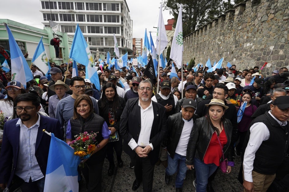 Bernardo Arévalo, Guatemala's incoming president, center, leads demonstrators during a protest at the Supreme Court of Justice in Guatemala City, Guatemala, December 7, 2023.