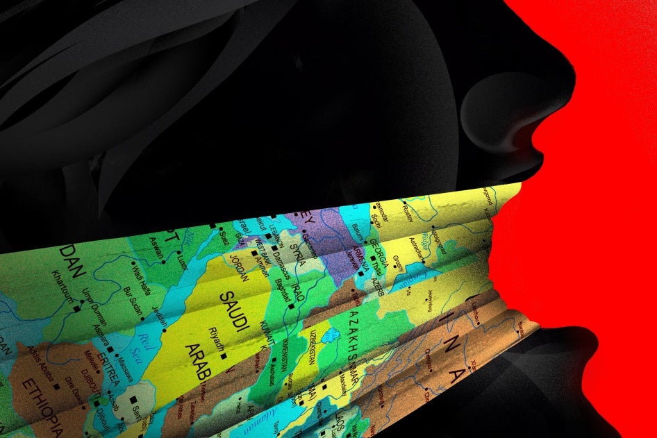 Illustration of a map being used to bind someone's mouth