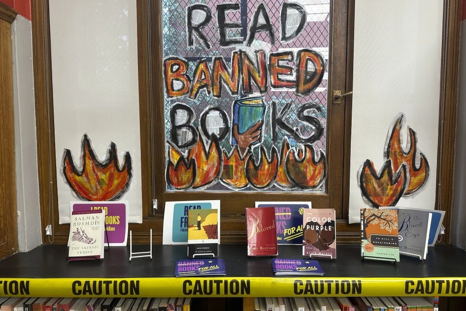 A banned books display at the Mott Haven branch of the New York Public Library in the Bronx,  borough of New York City, October 7, 2023. 